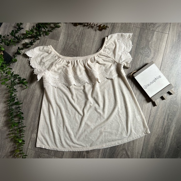 Daniel Rainn Kandra Linen Blend Scalloped Ruffled Cream Off-Shoulder Top. Size S - Picture 8 of 8